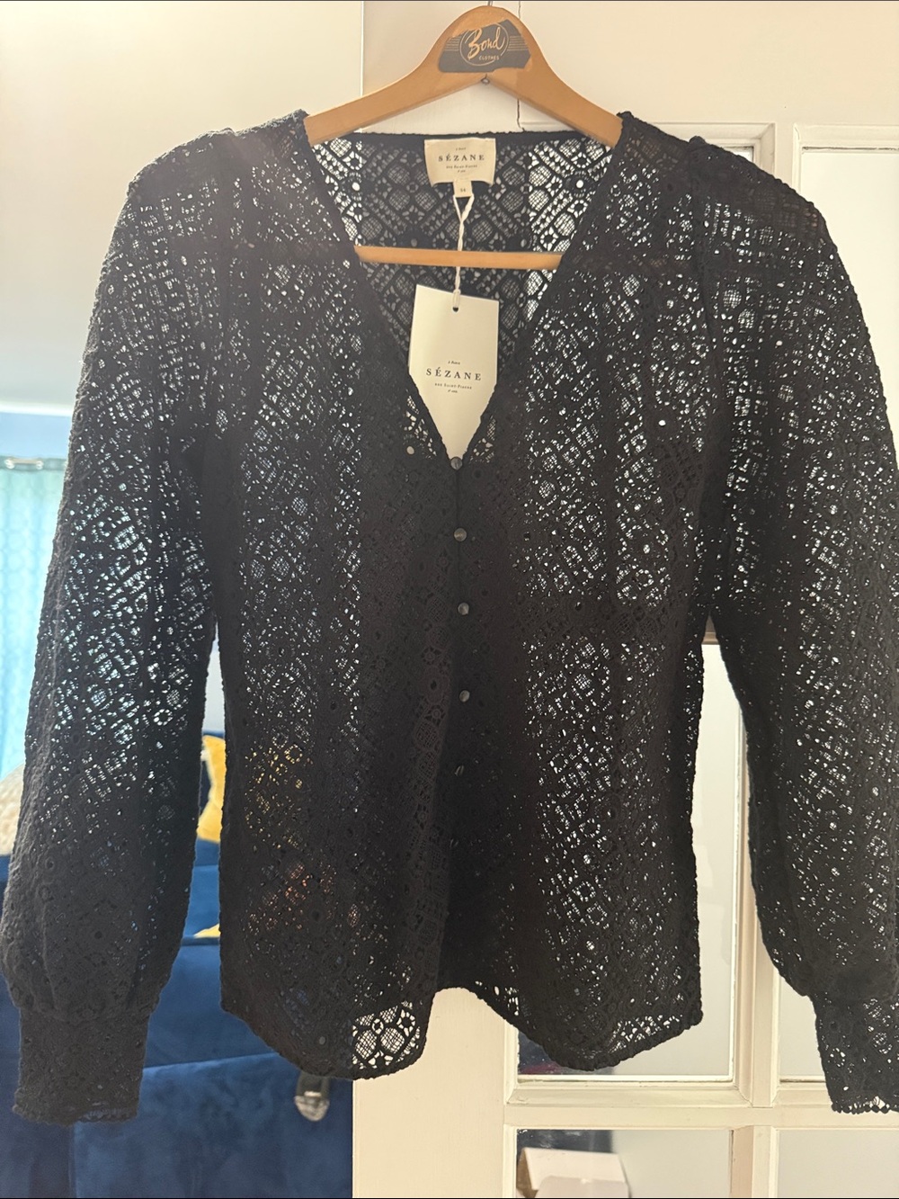 Sezane Black Crochet Lace Button-Front Blouse